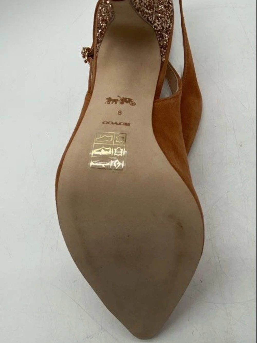 Coach Tan Suede Slingback Heels with Glitter Stiletto - Picture 7 of 10